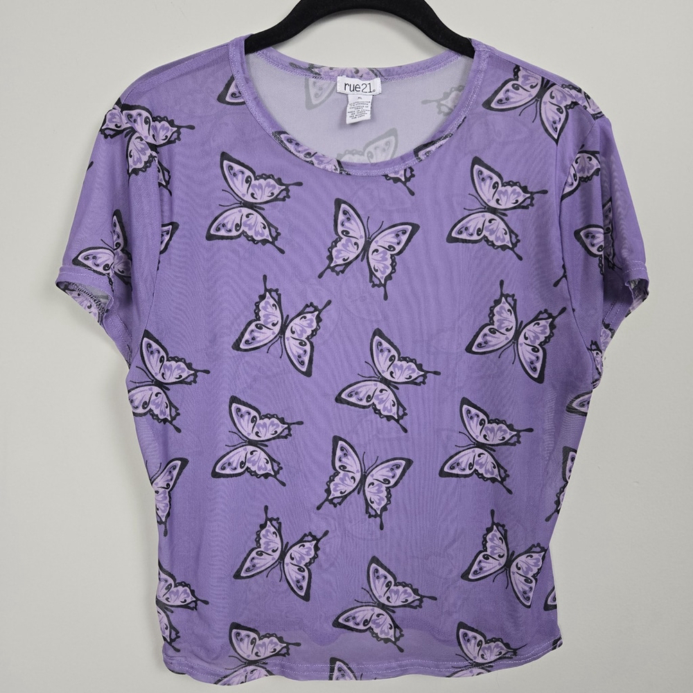 Rue 21 Womens Y2K Mesh Butterfly Crop Top XL Purple Sheer Fairy Festival Dainty